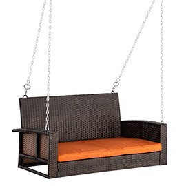 Outsunny 2 Person Wicker Hanging Swing Bench, Front Porch Swing Outdoor Chair with Cushions 550 lbs. Weight Capacity for Backyard, Garden, Orange