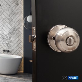 XFORT Bello Privacy Knob Set Satin Chrome, Door Knob with Lock for Internal Wooden Bathroom Doors, Complete Set with Tubular Latch