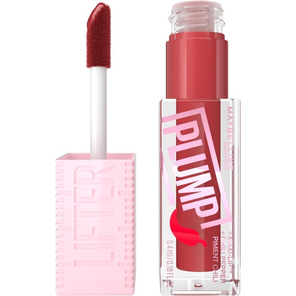 MAYBELLINE Lifter Gloss Lifter Plump, Plumping Lip Gloss with Chili Pepper and 5% Maxi-Lip, Hot Chili, Terracotta Red Cream, 1 Count