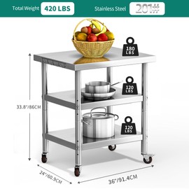 YITAHOME NSF Stainless Steel Table, 36" X 24" Worktable with Wheels, 3 Shelves Metal Prep Workstation for Home Kitchen Restaurant Garage Warehouse Outdoor