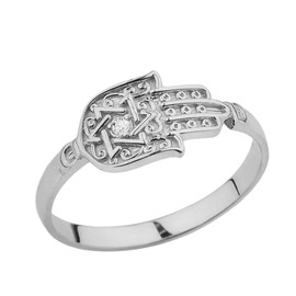 Middle Eastern Jewelry Unique Sterling Silver Diamond Hamsa Hand Ring (Size 5.75)