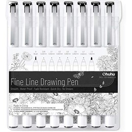 Ohuhu Bolígrafo de dibujo Fineliner Ohuhuhu, juego de 8 marcadores de dibujo de línea ultra fina, 8 tamaños de punta surtidos, 7 rotuladores de punta 