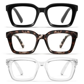 Celng Oversized Reading Glasses for Women - 3 Pack Oprah Style Square Blue Light Readers with Spring Hinge (Black+Leopard+Transparent, 0, Diopters)