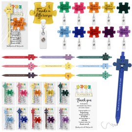 Dunzoom 12 Sets Employee Appreciation Gifts Bulk 10 Styles Inspirational Puzzle Retractable Badge Reels ID Holders Motivational Ballpoint Pens with Thank You Cards for Employee Staff Team (Difference)