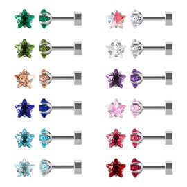 12 Pairs Surgical Stainless Steel Flat Back Stud Earrings, Screw Back Heart Star Square Teardrop Gold Plated Cubic Zirconia CZ Birthstone Stud Earrings Set (Silver star 4mm)
