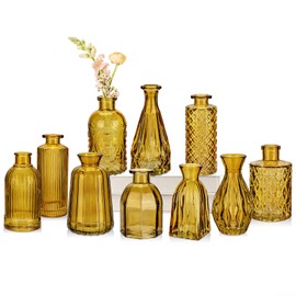 Glass Bud Vases Set of 10, Small Flower Vase in Bulk for Centerpieces, Mini Vintage Amber Vases for Rustic Wedding Vintage Home Table Decor