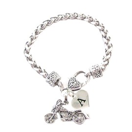 Custom Motorcycle Silver Chain Bracelet Choose Initial Charm