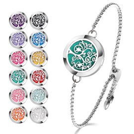 ttstar Essential Oil Diffuser Bracelet Stainless Steel Aromatherapy Locket Adjustable Diffuser Bracelet with 24pcs Refill Pads in 12 Assorted Colors Gift Set for Women(Tree of Hope)