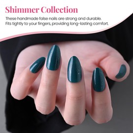 evpct Press on Nails Almond Short - Dark Cyan Green Shimmer Pearl Glossy Soft Gel Press on Nails for Women Gift, Fit Perfectly Natural Reusable Stick on Nails with Glue in 15 Sizes 30Pcs Fake Nail Kit