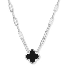 Paperclip Clover Necklace for Women | 18K Gold Plated Mother of Pearl Four Leaf Jewelry (Black Silver)