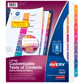 Avery Separadores extra anchos de 8 pestañas para carpetas de 3 anillos, tabla de contenido personalizable, pestañas multicolores, 1 juego (11163)