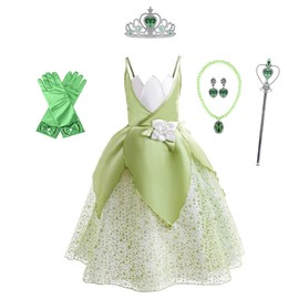 Lito Angels Princess Tiana and the Frog Fancy Dress Up Costume with Accessories Set for Kids Girls Age 8-10 Years (Tag Number 130)