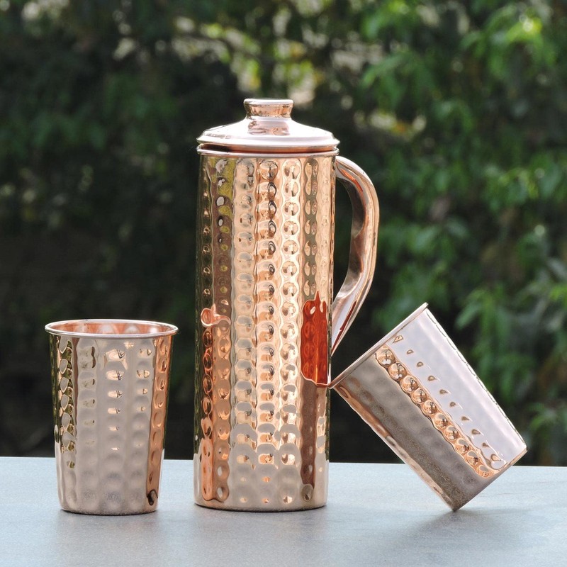 Pure Copper Hammered Jug 1 Litre Capacity with 2 Cups