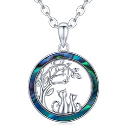 Odinstone Cat Necklace for Women, 925 Sterling Silver Cats Tree of Life Necklace with Abalone Shell Pendant Jewelry Gifts for Women
