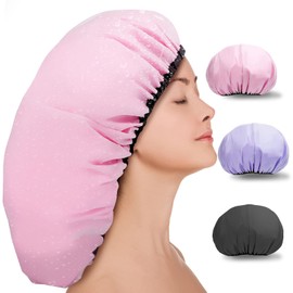 Sheomern 3 Pcs 16.5" Super Extra Large Shower Cap, Reusable Dual Waterproof Shower Cap for Women, Jumbo Satin Lined Shower Cap for Braids & Long Hair, XXL Adjustable Hair Cap for Locs Dreadlocks Music