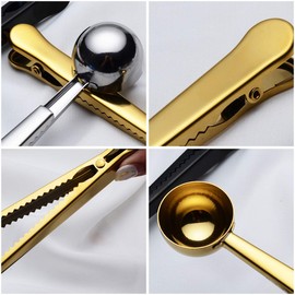 2-in-1 Stainless Steel 1 Tablespoon Coffee Scoop Clip Set of 3(Silver/gold/rose gold) (gold)