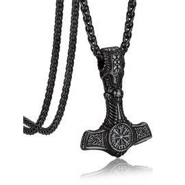 Bandmax Viking Necklace for Men Stainless Steel Black Mjolnir Thors Hammer Anchor Pendant Necklace Mens Beach Necklace Viking Nordic Jewelry