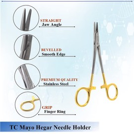 TC Mayo Hegar Needle Holder Comes with Tungsten Carbide Serrated Jaws Made of Stainless Steel Forceps and Gold Handle Ratchet Finger Rings (5.5 Inch)