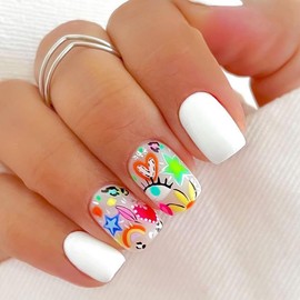 SWEKKE Press on Nails Short Square Summer Fake Nails White Full Cover Rainbow Stars Heart Flower False Nails 24 Pcs