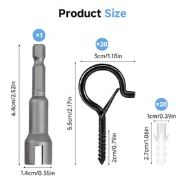 Wefaly Screw Hooks, Pack of 20 Hooks for Screwing with Secure, Ceiling Hooks with Wing Nut Driver for Plant Baskets, Wind Chimes and Lights (Black)