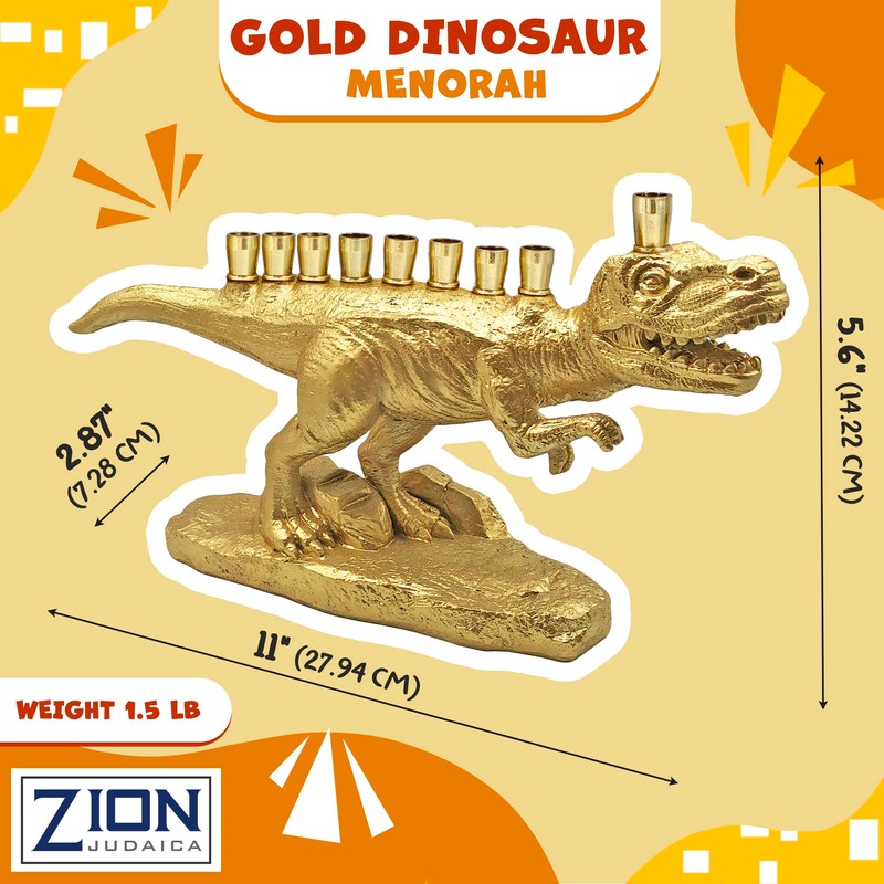Zion Judaica Gold Dinosaur Menorah 3D Polyresin with Brass Cups