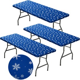 Mixweer 3 Pcs Snowflake Tablecloth Elastic Edge Tight Fitted Rectangle Folding Table Cover 6 Ft, 30 x 72'' Waterproof Polyester Fabric Table Cloth Christmas Indoor Outdoor Home Picnic (Blue,Silver)