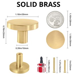 4 Pack Brushed Brass Solid Knobs Gold Kitchen Cabinet Pull Round