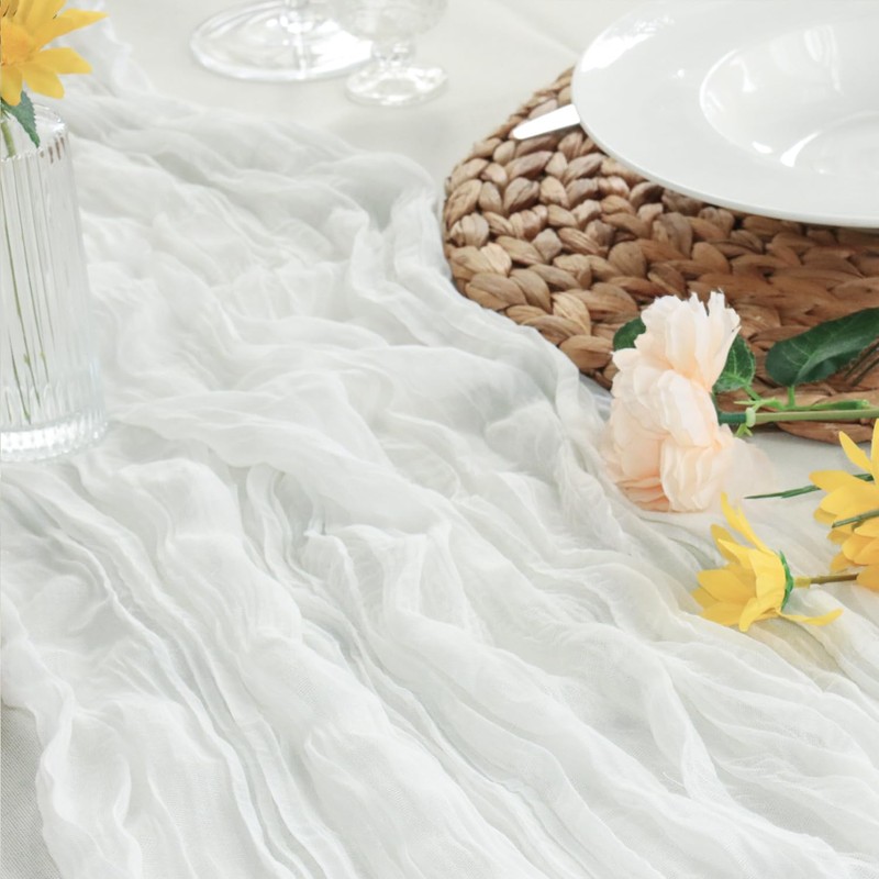 Sevenpers Cheesecloth Table Runner, 35"x120" Rustic Boho Gauze White Table