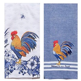 DHE 2 Piece Blue Rooster Kitchen Towel Bundle,Dual Purpose and Embroidered Tea Towel