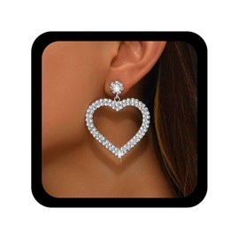 Jugielu Boho Rhinestone Heart Dangle Earrings Hollow Cz Heart Earrings Large Crystal Hearts Drop Earring Silver Crystal Stud Earring Sparkling Love Jewelry for Women