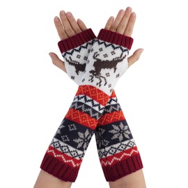 Allegra K Women's Fingerless Glove Winter Knit Thumb Elbow Length Arm Warmers Flat Size:30x8cm/11.8x3.14(L*W) Burgundy-Deer