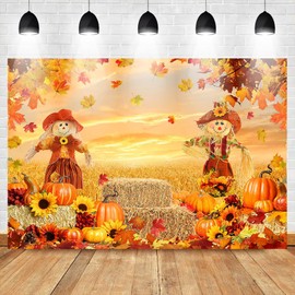 Avezano Autumn Scarecrow Backdrop Rice Paddy Pumpkin Maple Leaves Hay Bales Photography Background Fall Thanksgiving Harvest Banner Decoration Party Supplies Photo Booth Props (7x5ft)