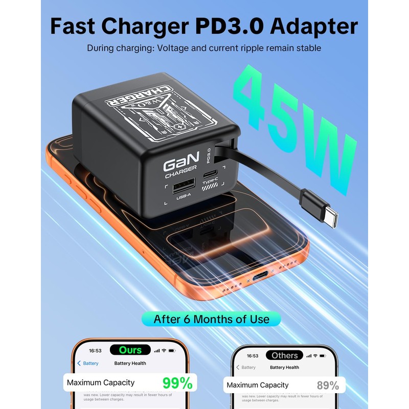 W & O Retractable Phone Charger with USB C Cable