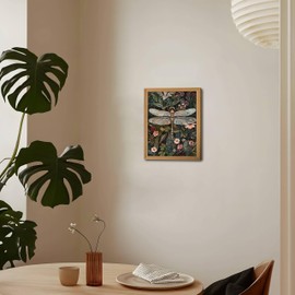 Framed Vintage 3D Textured Wall Art - Dark Green Dragonfly Flowers Wall Decor - Hand Drawn Sandstone Nature Botanical Pictures for Living Room Bedroom Home Decor 8x10in