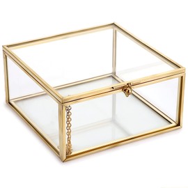Hipiwe Vintage Glass Jewelry Organizer Box - Golden Metal Keepsake Box Desktop Jewelry Organizer Holder, Wedding Birthday Gift, Square Vanity Decorative Box for Dresser,Bathroom