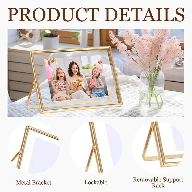 Odowalker 2 Pcs Gold Floating Picture Glass Photo Frame, Glass