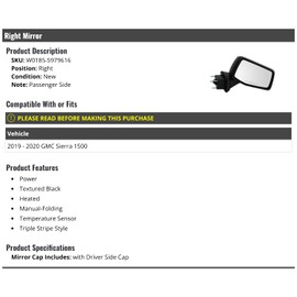 Right Passenger Side Power Mirror - Textured Black - Heated - Manual-Folding - Temp Sensor - Compatible with 2019-2020 GMC Sierra 1500