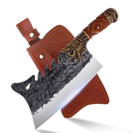 ROCOCO Cleaver Knife Meat Cutting Heavy Duty Bone Butcher Chopper Large Hand Forged Chinese Dragon Viking Cutter for Kitchen Outdoor with Sheath Birthday Father Mother Christmas Gift Men 8.6"