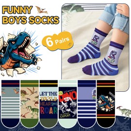 Queenshin Boys Novelty Socks Fun Crazy Funny Cute Cartoon Dinosaur Patterned Cotton Kids Crew Socks 6 Pairs