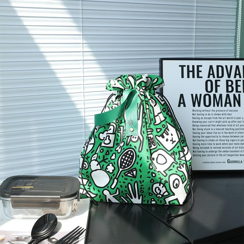 XINGNIAO Creative Graffiti Insulated Lunch Bag, Cotton Canvas Drawstring Bento