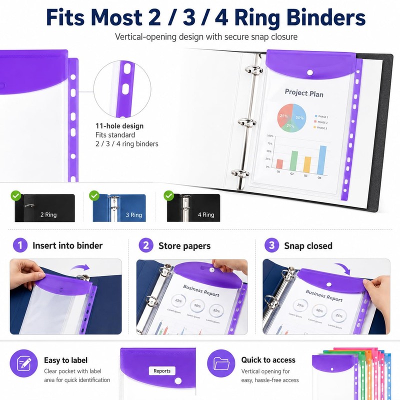 11 Hole Expanding File Pockets, Horizontal & Vertical Plastic Envelopes,