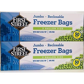 First Street Jumbo 2-Gallon Reclosable Freezer Bags with Snap and Seal Zip Lock Top, 13"x15-5/8", 50 Ct (Twin Pack)