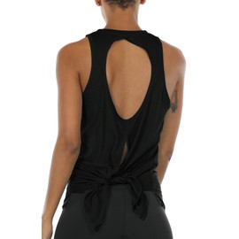 icyzone Open Back Workout Top Shirts - Activewear Exercise Yoga Tops for Women (M, Black)