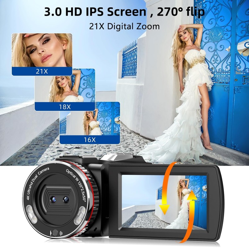 Weochi Video Camera, Camcorder 4K, 64MP 30FPS Dual Lens Camera