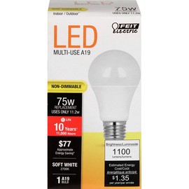 FEIT ELECTRIC A1100/827/10KLED Non-Dimmable, 75 W, Led Bulb, 120 Vac, 1100 Lumens, 2700 K, CRI >=80, 1-Pack, Clear