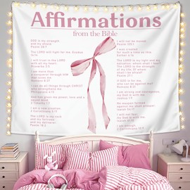 LIANGW Coquette Pink Bow Christian Tapestry Aesthetic, Wall Tapestry for Bedroom, Coquette Preppy Room Decor for Teen Girls & Women, Bible Verses Tapestries Wall Hanging 50x60 inche