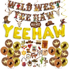 Western Cowboy Party Decorations Banner - 55Pcs West Wild Themed Decoration Including YEE HAW Letter Balloons Wild West Yee Haw Banners Photo Props for Wild Boys Birthday Party Supplies