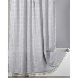 YoKii Modern Farmhouse Shower Curtain 78 Inch Long Boho Tassel Rustic Cottage French Country Embroidery Plaid Cotton Linen Gray Bathroom Shower Curtains Set Wrinkle Free & Heavy Duty & Waterproof
