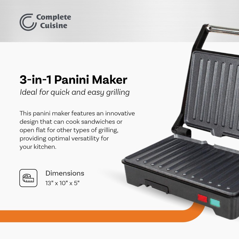 Complete Cuisine CC-PN1200 Panini Maker Sandwich Press with Nonstick Surface,