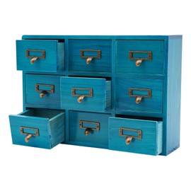 Drawers Storage Cabinet, 9 Drawers Apothecary Cabinet with Labels Apothecary Desk Drawer Organizer Tea Coffee Pod Storage Tool Wooden Card Catalog Storage Box for Kitchen, Office, Shop (Blue)